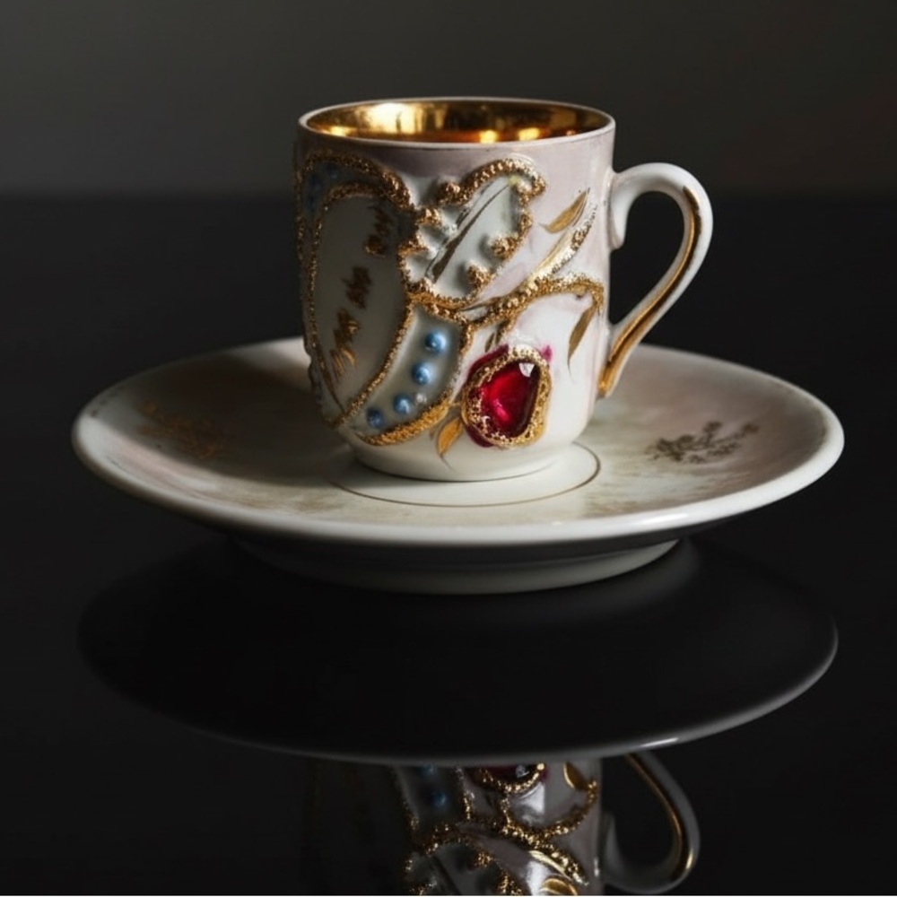 Vintage German Porcelain Demitasse Cup & Saucer Raised Enamel Gold Gilt Antique - Picture 2 of 10